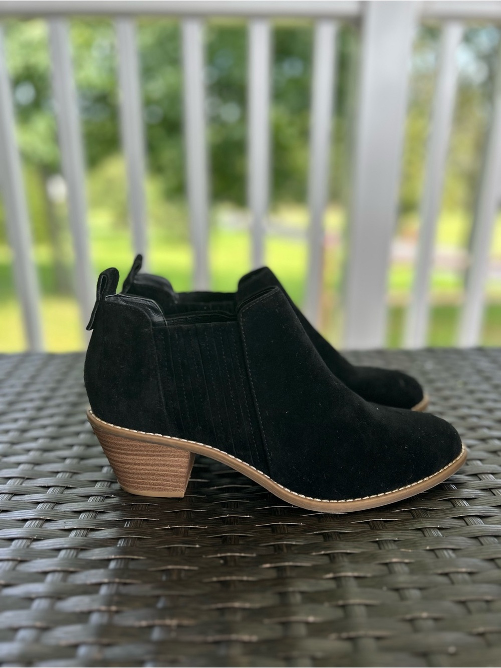 American Eagle Outfitters Black Suede Ankle Booties with Brown Stacked Heel